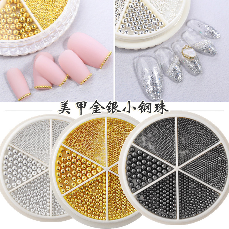 Internet-Famous Japanese-Style Nail Art with Gold and Silver Small Steel Beads in Various Sizes, Mixed and Matched for DIY Nail Decorations