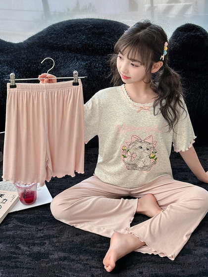 女童睡衣莫代尔三件套夏季儿童短袖家居服女孩大童夏天薄款空调服