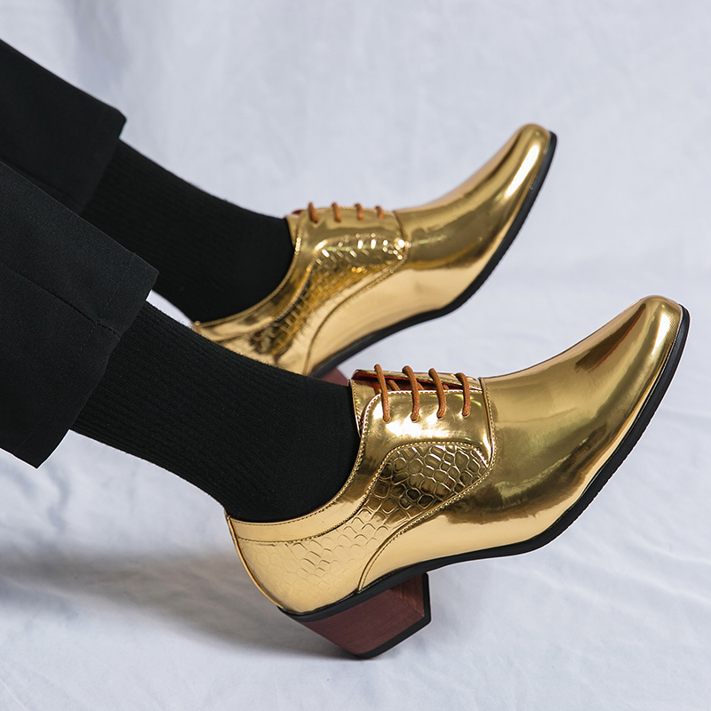 Brogue Patent Leather British Korean Style Nightclub Fashion Personality Pointed Toe Height-Increasing Casual Trendy Men's Gold Leather Shoes