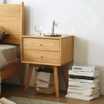 Bedhead cabinet solid wood bedside small cabinet 2021 new white oak brass hands double drawer high foot design