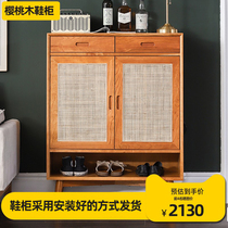 Pure wood cherry wood log wood log shoe cabinet canvas open door with 2 drawers 5 layer partition can put an umbrella into the house
