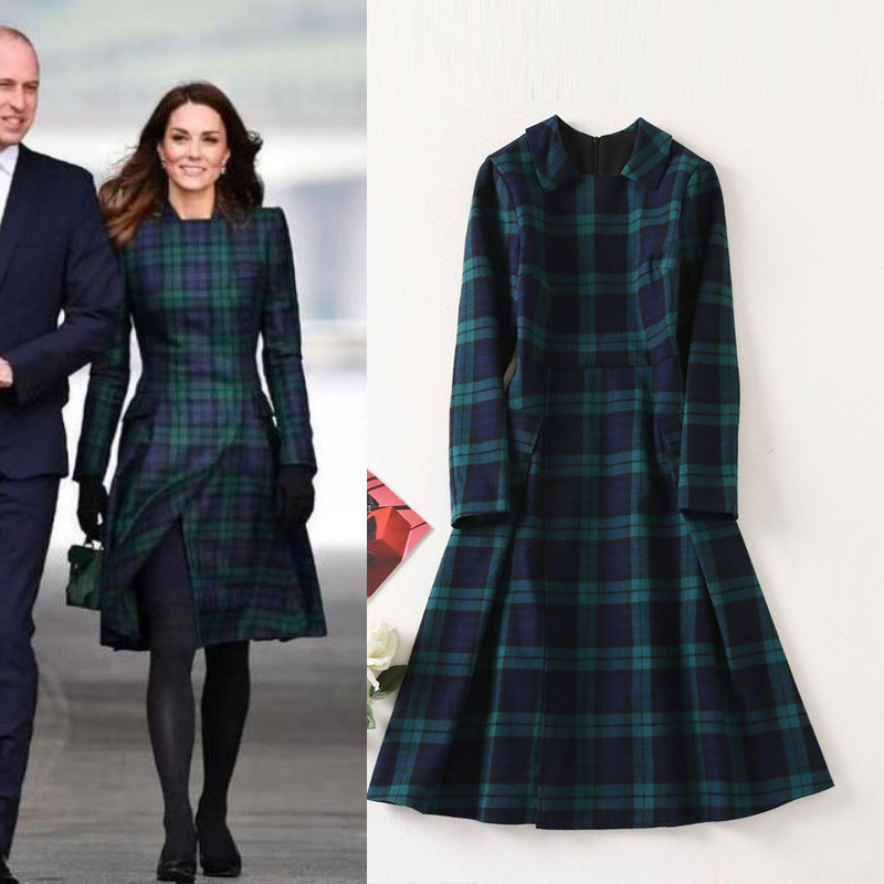 Dress for Women, Autumn and Winter Style, Similar to Princess Kate'S, French-Style Lapel, Long Sleeves, Plaid, Waist-Cinching, Large Hem, Elegant Base Dress