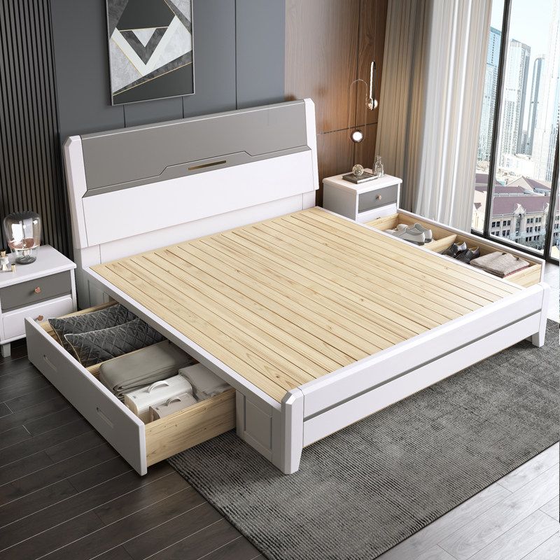 Solid wood bed Modern simple master bedroom gray white double 1 8 meters oak light luxury fashion factory direct sales storage bed