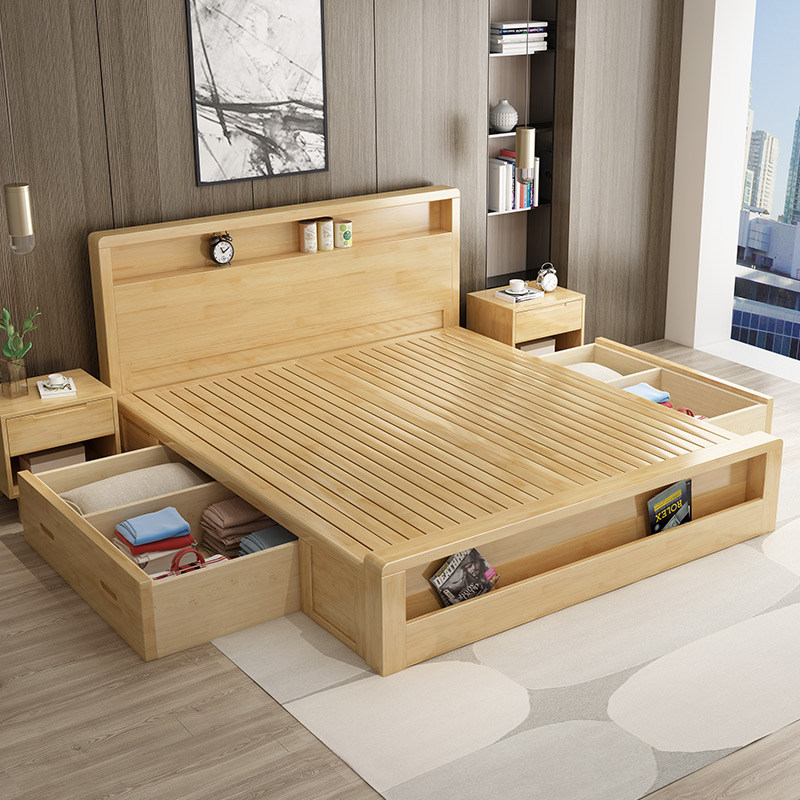 Nordic full solid wood bed 1 8 m double bed 1 5 home master bedroom with large bed modern minimalist high box containing containing bed