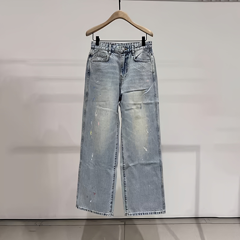Mo2026 Genuine Spring New Product Painted Graffiti Print Washed Old Light Blue Wide-Leg Jeans Long Pants Mbf1Jen016