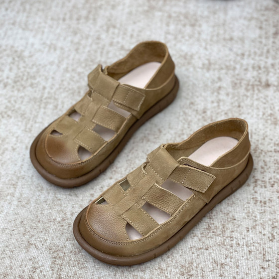 罗马凉鞋女真皮夏季新款平底复古中年女鞋百搭软底凉鞋森系鞋女