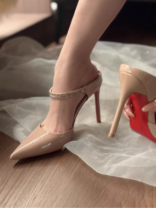 Sheepskin Version ~ 2026 New Model Nude Color Red Sole Patent Leather Stiletto High Heels Women's Rhinestone Slippers Pointed Toe Sandals for Women