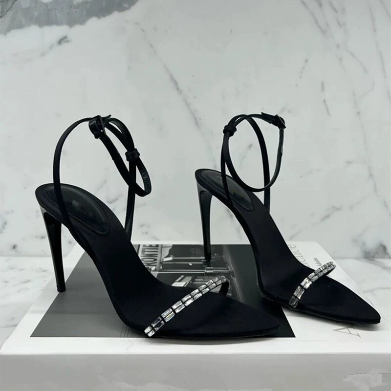 Beautiful High-Heeled Sandals for Women 2024 New Style Black Rhinestone High Heels with Thin Heels for Summer Sexy Pointed Toe
