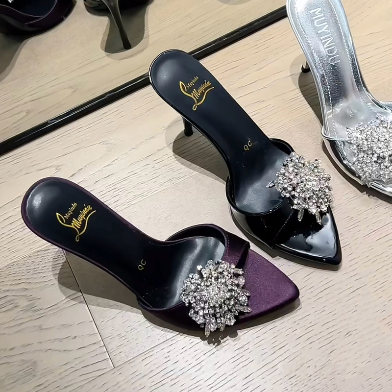 2025 Summer New Open-Toe Rhinestone Purple Strappy Stiletto Slippers Women's Sexy Outdoor Crystal High Heels