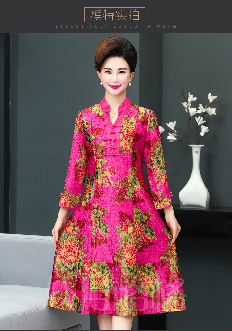 Áo dài mùa xuân cho nữ mùa xuân và mùa thu phụ nữ trung niên khí ngoài đầu gối váy dài gió quốc gia - Quần áo của mẹ áo kiểu tuổi 40
