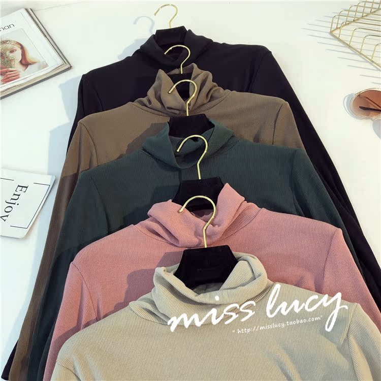 Áo sơ mi nữ ZZ mùa thu 2018 phiên bản Hàn Quốc mới của chiếc áo dài tự tay ngắn đoạn hoang dã màu rắn cổ cao chạm đáy áo thun áo thu đông dài tay nữ