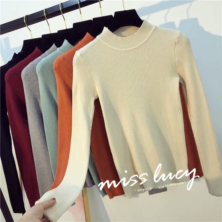 Áo sơ mi nữ mùa thu ZZ 2018 phiên bản Hàn Quốc mới của chiếc áo len dài tay hoang dã nửa cao cổ áo len cổ lọ ngắn chạm đáy áo len áo phông nữ
