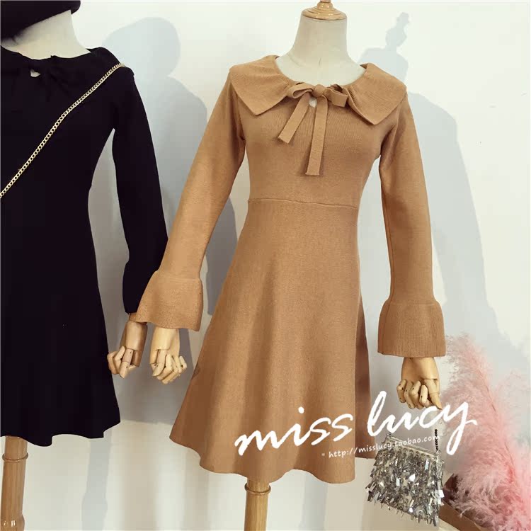 Mùa thu 2018 mới mang khí chất retro thắt nơ cô gái Pháp váy xù dài tay đan váy chiết eo cao	
