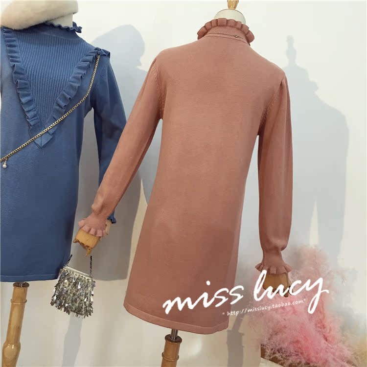 Mùa thu mới khí chất retro dài tay nửa cổ bằng gỗ mộc nhĩ váy len đan đáy váy cô gái Pháp 	váy cắt eo	
