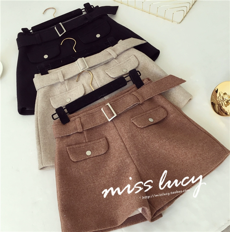 SS mùa thu đông nữ 2018 mới sinh viên Hàn Quốc thả lỏng chân rộng cạp cao mặc quần bốt quần short len ​​giản dị