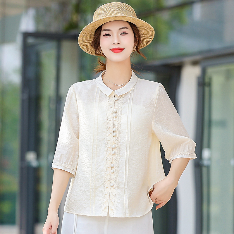 Literary Pure Color Lace Cotton and Linen Three-Quarter Sleeve Shirt Women's Summer Casual Small Lapel Slim Linen Top Thin Literary Pure Color Lace Cotton and Linen Three-Quarter Sleeve Shirt Women's Summer Casual Small Lapel Slim Linen Top Thin
