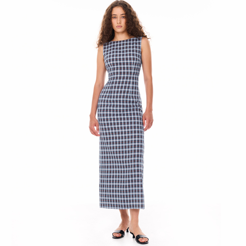 Dozzease Plaid Backless Slit Dress, Comfortable, Lightweight, Lace-Up, Slim-Fitting, Elegant, Workwear Long Dress for Summer