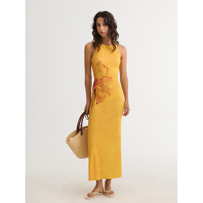 Dozzease Printed Sleeveless Dress for Women, New Summer Style, Yellow Elastic Slim Fit, Vacation Style Long Dress Dozzease Printed Sleeveless Dress for Women, New Summer Style, Yellow Elastic Slim Fit, Vacation Style Long Dress