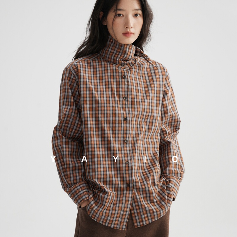 Yayio【Country Style】Vintage English Caramel Warm Brown Plaid Stand Collar Tie-Up Oversized Shirt Yayio【Country Style】Vintage English Caramel Warm Brown Plaid Stand Collar Tie-Up Oversized Shirt