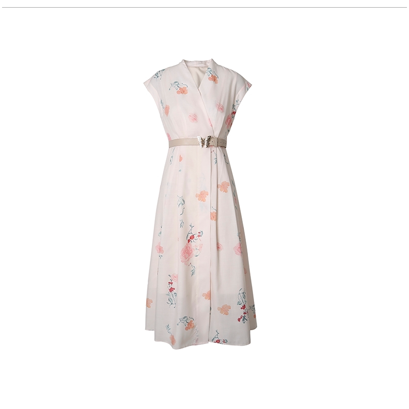 [Exclusive for Qianqian Fans] Butterfly Belt Print V-Neck Dress, Waist-Cinching, Everyday Mid-Length Style for Women 22397