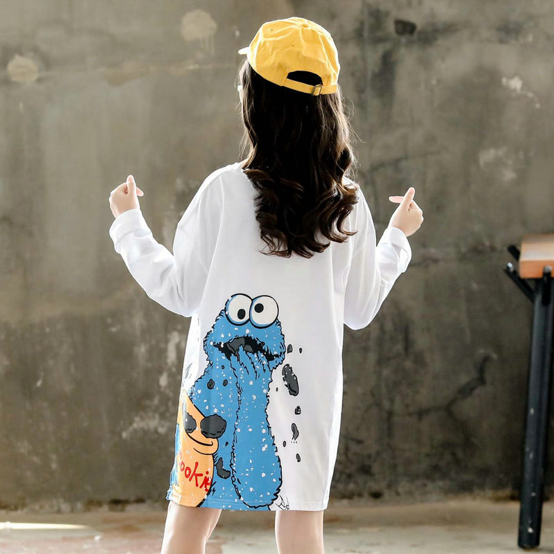 lâu dài t-shirt girlspring dài tay trẻ em và phiên bản Hàn Quốc trẻ em mùa thu của không khí nới lỏng áo khoác bông chạm đáy.