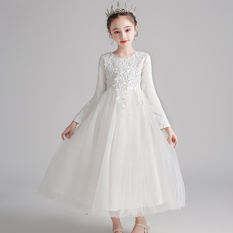 Girls' Wedding Dress, Children's White Dress, Big Children's Princess Long Dress, Performance Dress, Long Spring, Autumn and Winter Dress