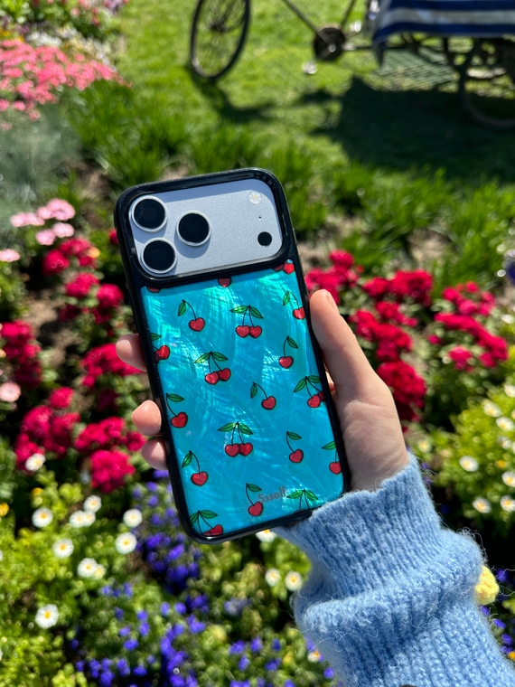 Juicy Cherries Turquoise Shimmer iPhone Case