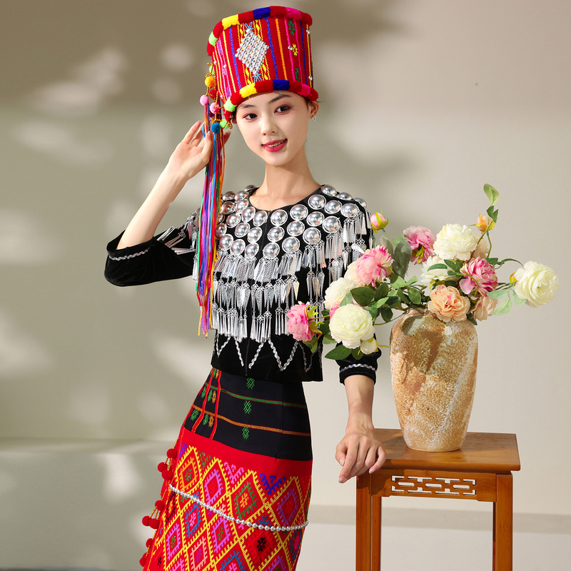 Jingpo Ethnic Clothing Short Skirt Set, Similar to the Dance Costumes Used in the Munaosongge Dance Performance, Traditional Original Ecological Brocade with Silver Embellishments