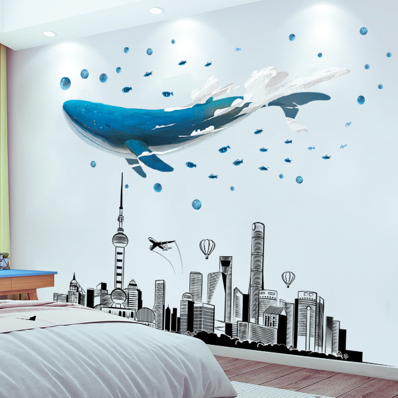 Whale 3D Stereo Wall Stickers Bedroom Room Stickers Bedside Poster Paper Background Wall Decoration Self-Adhesive Wallpaper