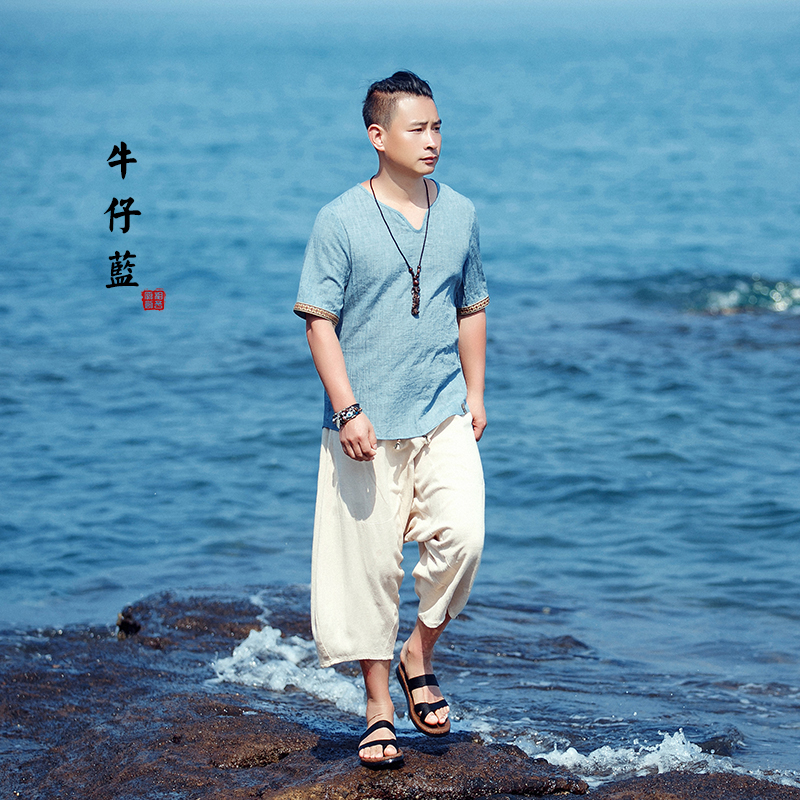 夏季清凉薄T恤衫宽松仿亚麻棉V领短袖t恤青少年文艺休闲大码体恤