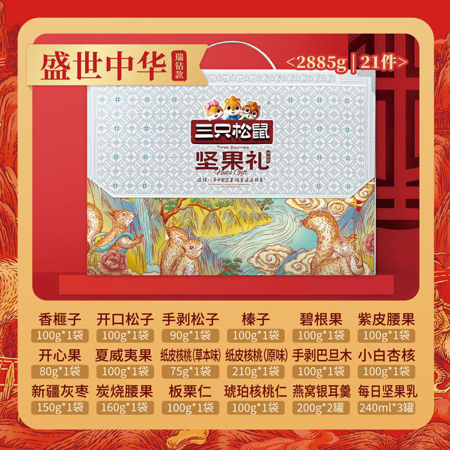 Three Squirrels Nuts Gift Box Swiss Style 21 Bags/2885g Gift Pack for Elders to Give Healthy Snacks during the Holidays