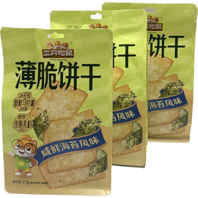 Three Squirrels Crackers Salty Fresh Seaweed Flavor 270Gx1 Bag Biscuits Crispy Meal Replacement Snacks