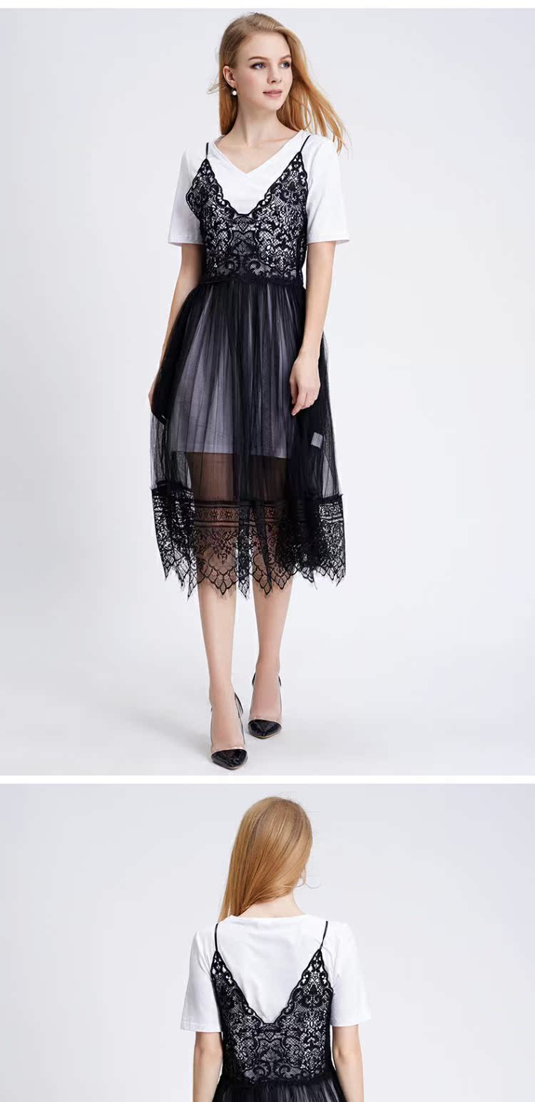 ZIMMUR giải phóng mặt bằng đặc biệt ren organza V-cổ sling váy eo thon thời trang hoang dã 	váy hạ eo xếp ly	