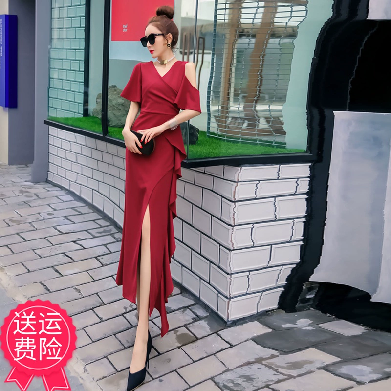 Khí chất thời trang mùa hè xù váy nữ cạp cao bất đối xứng váy quây ngắn tay ôm dáng dài - Váy eo cao