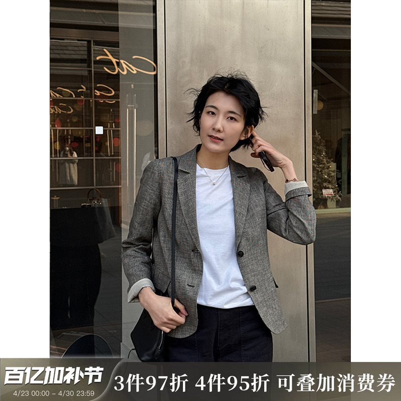 Langqing 100% Linen Suit 2026 Spring New Women's Clothing Old Money Style Houndstooth Jacket Casual Suit for Women