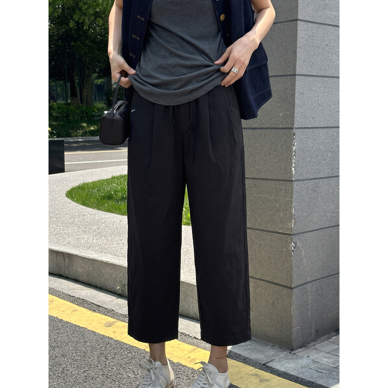 Langqing [Comfort Pants] Navy Blue Straight-Leg Casual Pants for Women 2026 New Summer Elastic Waist Loose Cropped Pants