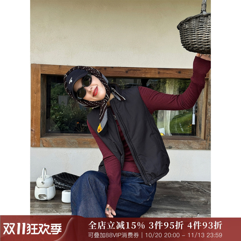 Langqing [Vest] Black Waterproof Stand Collar Cotton Vest for Women 2026 New Autumn Lightweight Sleeveless Waistcoat