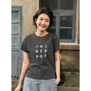 Langqing Gray Combed Cotton Round Neck Printed Short-Sleeved T-Shirt for Women 2026 Summer New Short Style Regular Shoulder Top