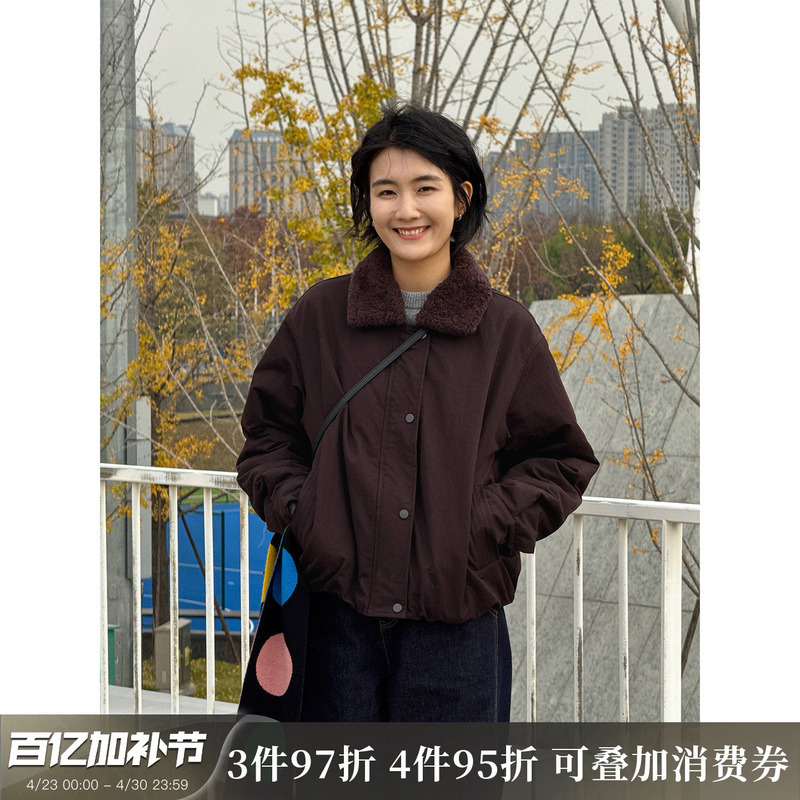 Langqing Brown Old Money Style Cotton Jacket for Women, Winter 2025 New Warm Short Jacket with Fur Collar