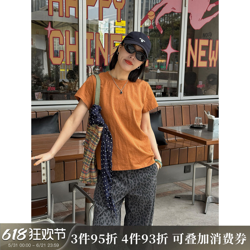 Langqing [Vibrant Orange] Orange Pure Cotton T-Shirt for Women, 2026 Summer New Style, Regular Shoulder Top, Round Neck, Short Sleeves