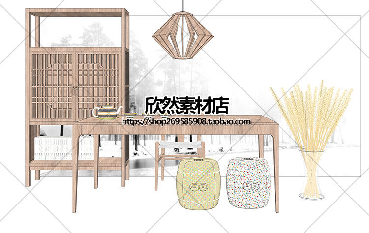 F2-9现代新中式禅意中国风古典实木泡茶桌椅家具茶室摆件su草图大师sketchup模型