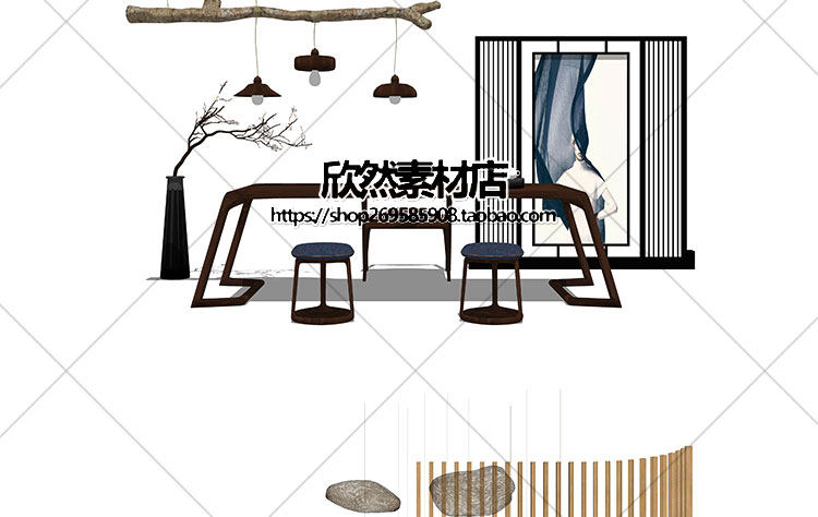 F2-9现代新中式禅意中国风古典实木泡茶桌椅家具茶室摆件su草图大师sketchup模型