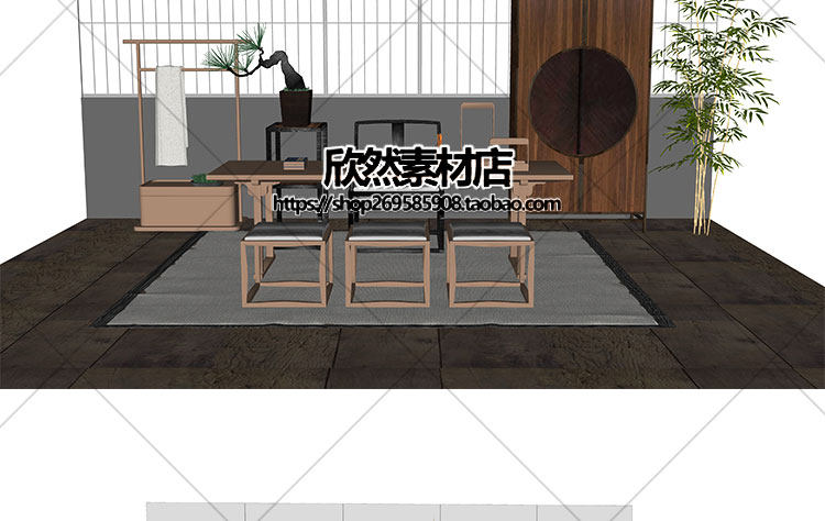 F2-9现代新中式禅意中国风古典实木泡茶桌椅家具茶室摆件su草图大师sketchup模型