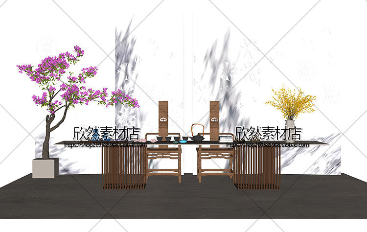 F2-9现代新中式禅意中国风古典实木泡茶桌椅家具茶室摆件su草图大师sketchup模型