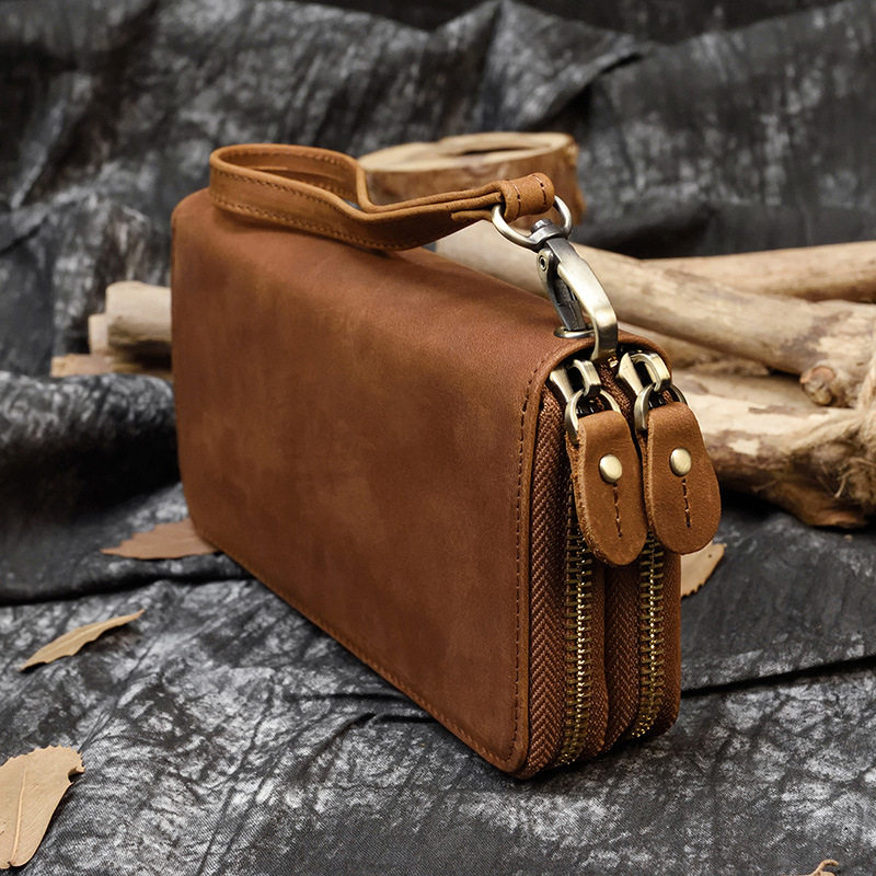 Handmade leather wallet male crazy horse leather clutch bag retro large capacity clutch bag business wallet cowhide hand bag