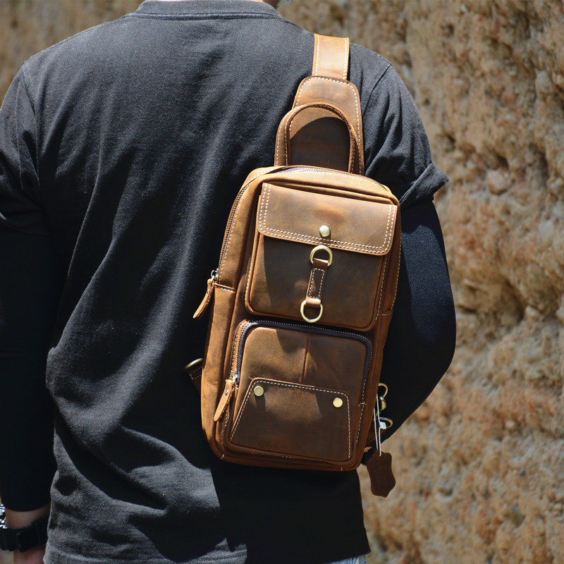 Original Retro Crazy Mappetide Men's Chest Bag Genuine Leather Single Shoulder Skewed Satchel Personality of the Bull Leather Locomotive Bag