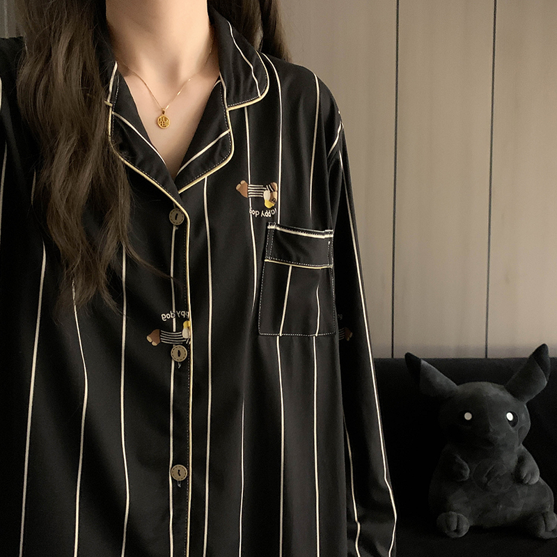 Korean Black Striped Unisex Couple Pajamas Spring, Autumn, and Summer Long-Sleeved Long Pants Set Cartoon Plus Size Loungewear Korean Black Striped Unisex Couple Pajamas Spring, Autumn, and Summer Long-Sleeved Long Pants Set Cartoon Plus Size Loungewear