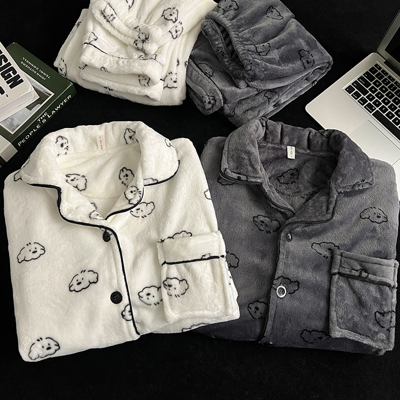 ins Cartoon Cute Puppy Coral Fleece Couple Pajamas Women's Winter Thickened Warm Flannel Homewear Men's