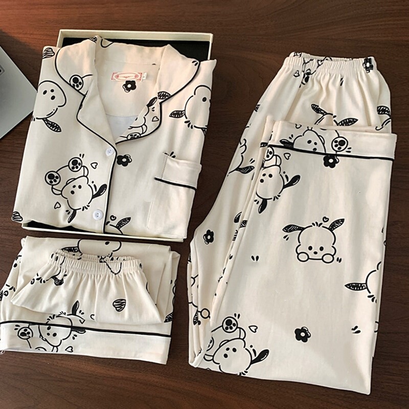 Milk-Colored Puppy Women's Pajamas Spring and Summer Thin Pure Cotton Short-Sleeved Three-Piece Set Girl's Casual All-Cotton Home Wear