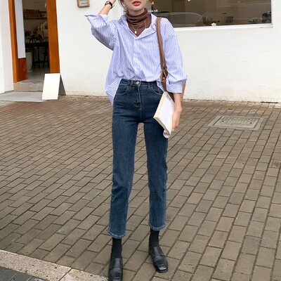 Japan Slim Fit Blue Grey Straight Drum Pants Woman 2021 Autumn Winter Plus Suede New High Waist 90% Pencil Jeans
